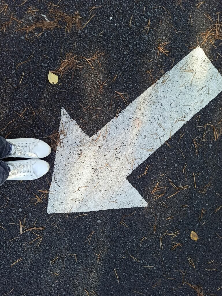 Top view of a white arrow on asphalt with pine needles and white shoes, Astana Kazakhstan.