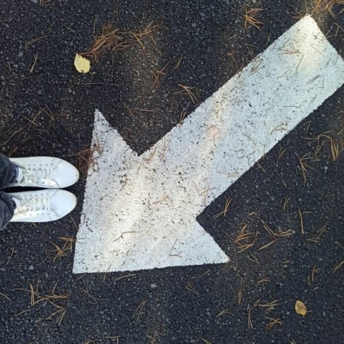 Top view of a white arrow on asphalt with pine needles and white shoes, Astana Kazakhstan.
