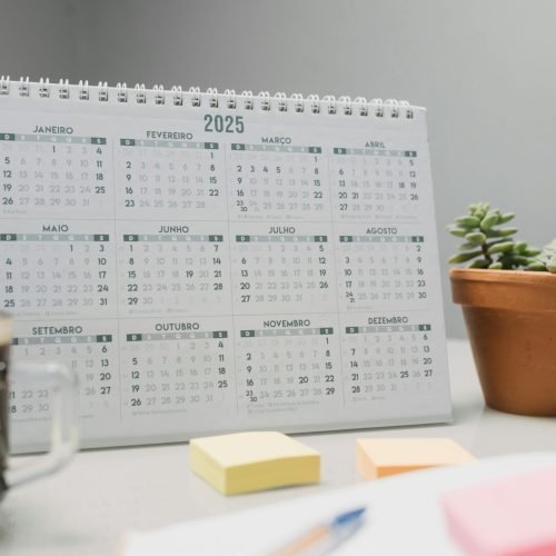 A 2025 desk calendar with coffee, sticky notes, and succulents for planning.